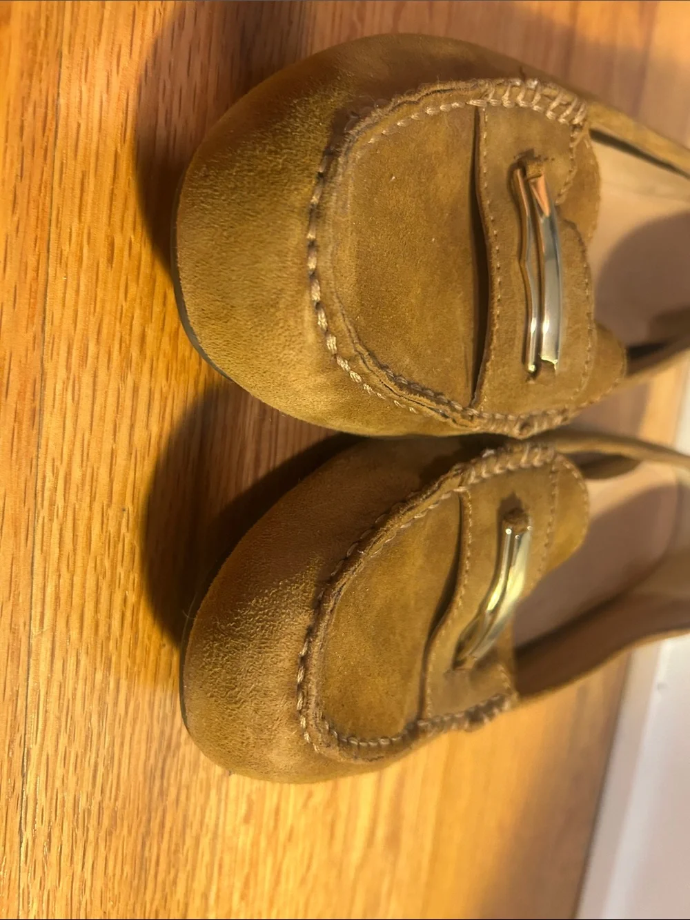 Vionic Suede Penny Loafers in Camel with Gold Accent